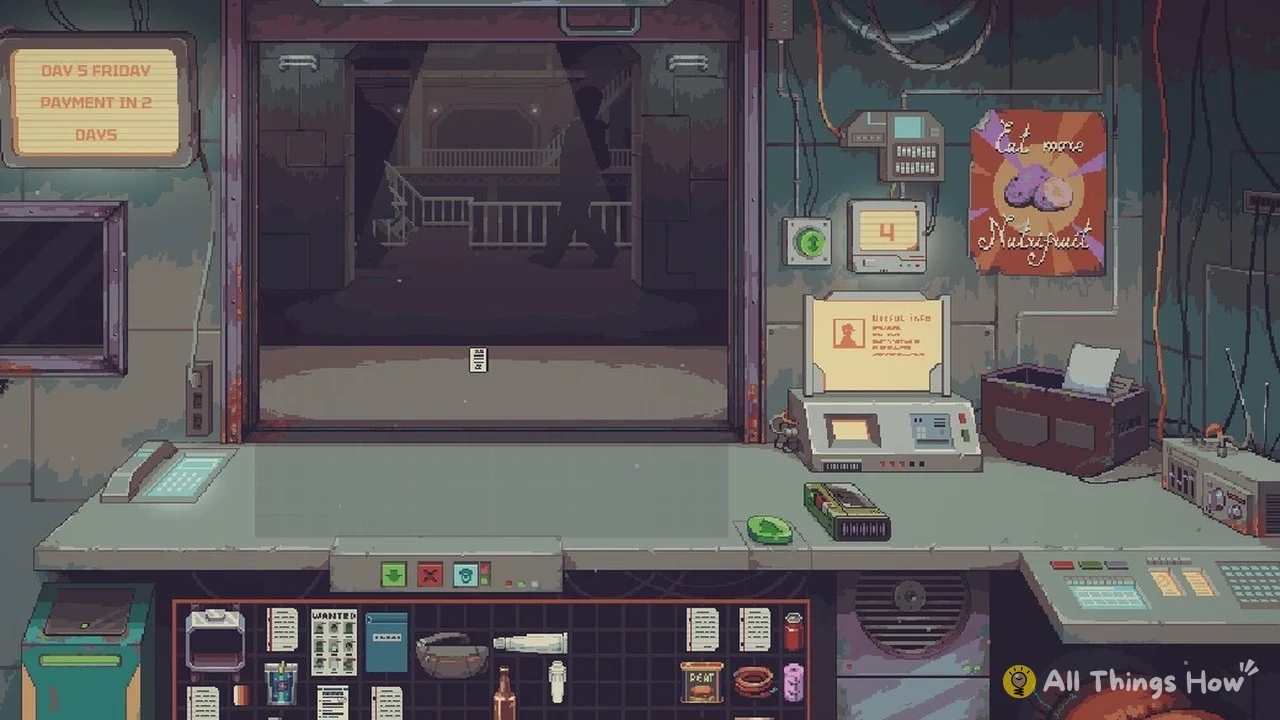 Pixel-art shop counter with an empty service window, a shadowy figure leaving, wall gadgets, and a stocked item grid below.