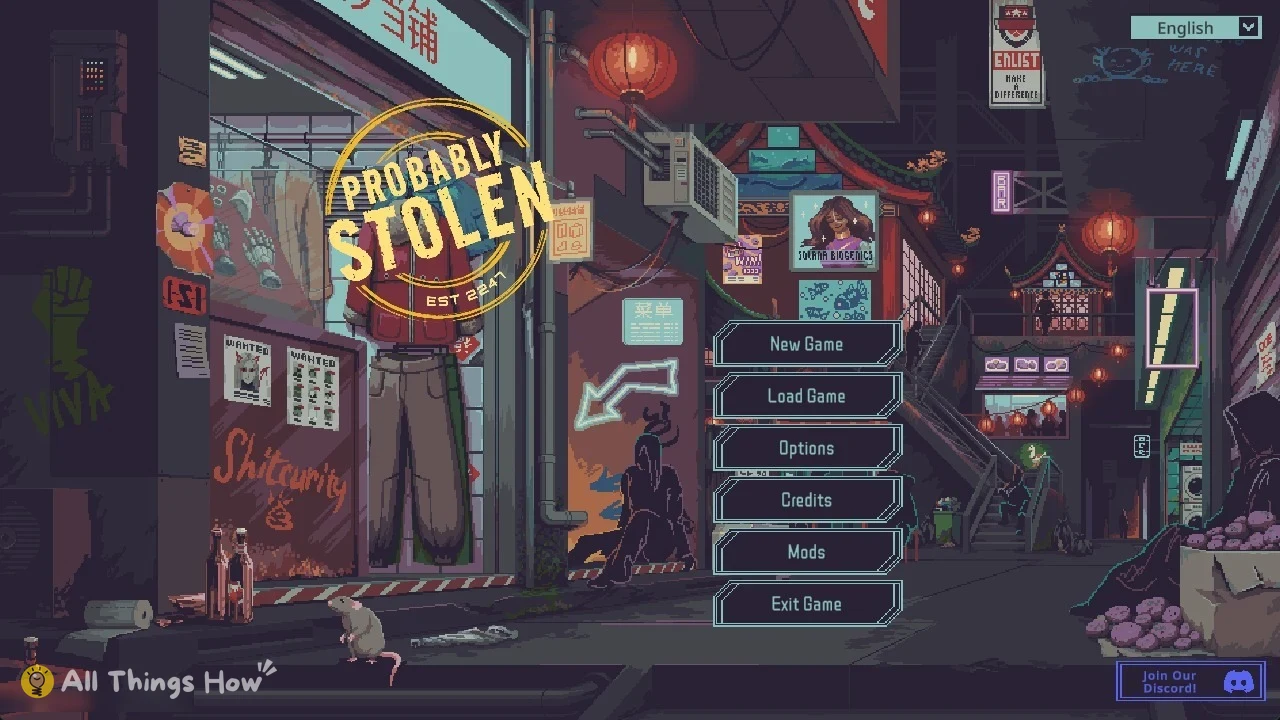 Pixel-art neon alley at night with a rat, a clothing shop and a stack of main menu buttons