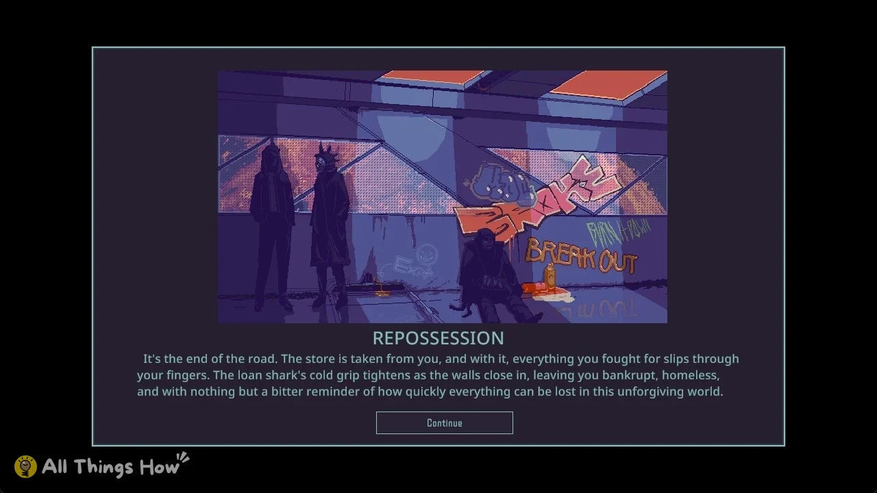 Pixel-art illustration of a figure slumped by a graffiti wall, two hooded figures standing nearby, with ending text below.