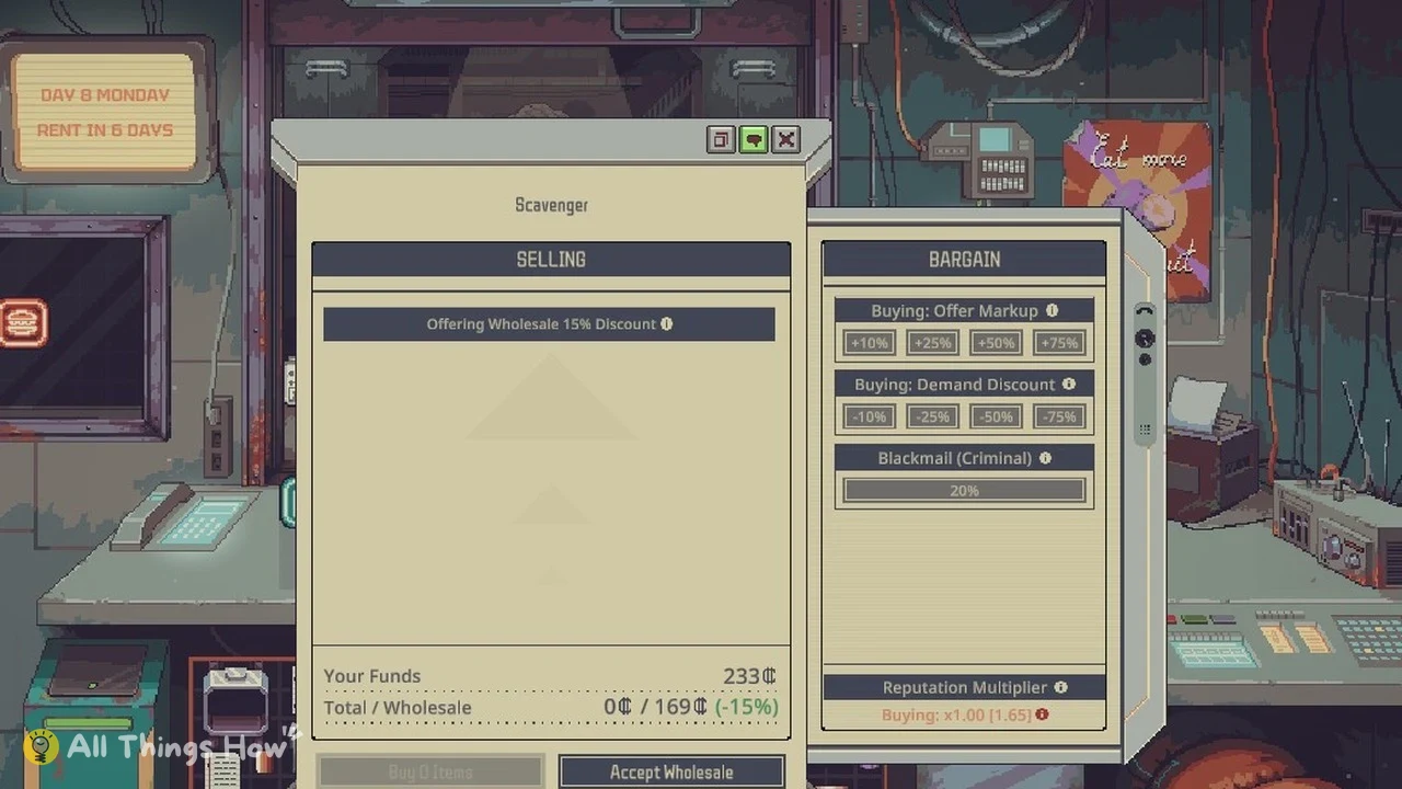 Pixel-art pawn shop counter with a trade window showing selling and bargain panels, with markup and discount buttons.