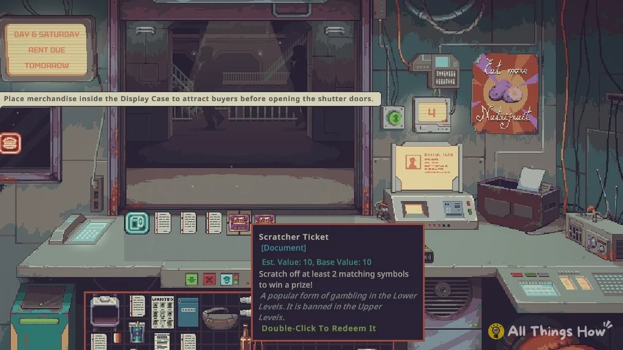 Pixel-art shop interior with an item tooltip for a Scratcher Ticket over the counter and inventory.