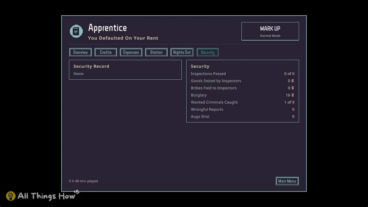 Dark end-of-game stats screen titled Apprentice with tabs and a Security panel listing inspections, bribes, burglary and criminals caught.