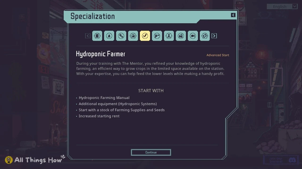 Pixel-art menu titled Specialization with a row of icons, Hydroponic Farmer selected, its description and starting items listed below.