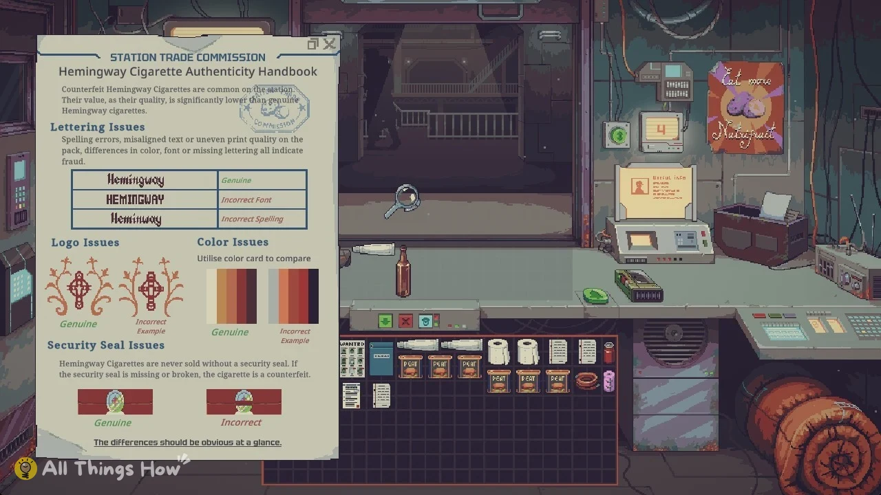 Pixel-art shop counter with a large open handbook showing genuine and fake Hemingway cigarette lettering, logos, colors and seals.