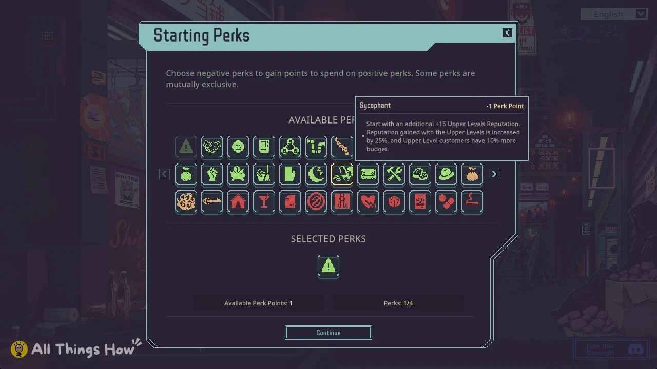 Starting Perks menu with a Sycophant tooltip describing Upper Levels reputation bonuses, above a grid of perk icons.