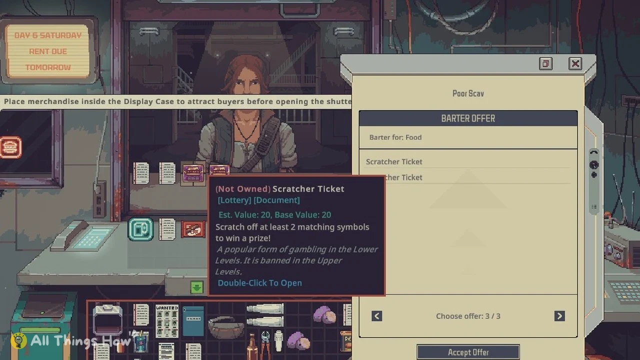 Item tooltip describing a scratcher ticket's value and use, over a barter offer screen at a pixel-art shop counter.