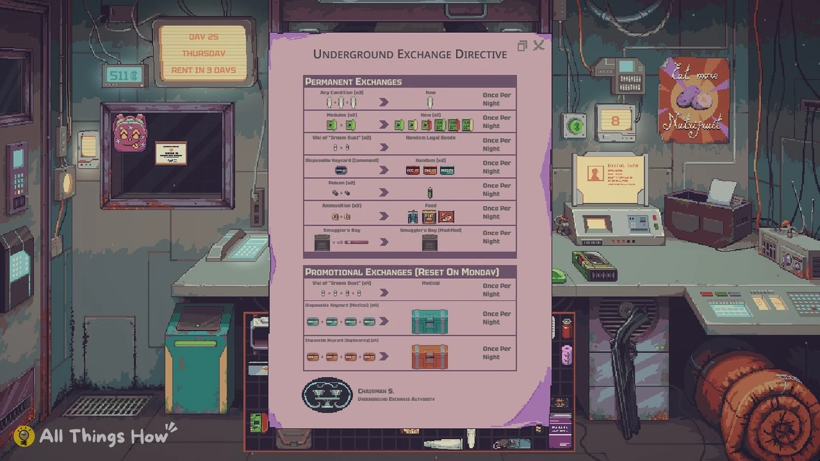 Pink document listing item trade recipes with arrows from input items to rewards, signed Chairman S., over a pixel-art shop.