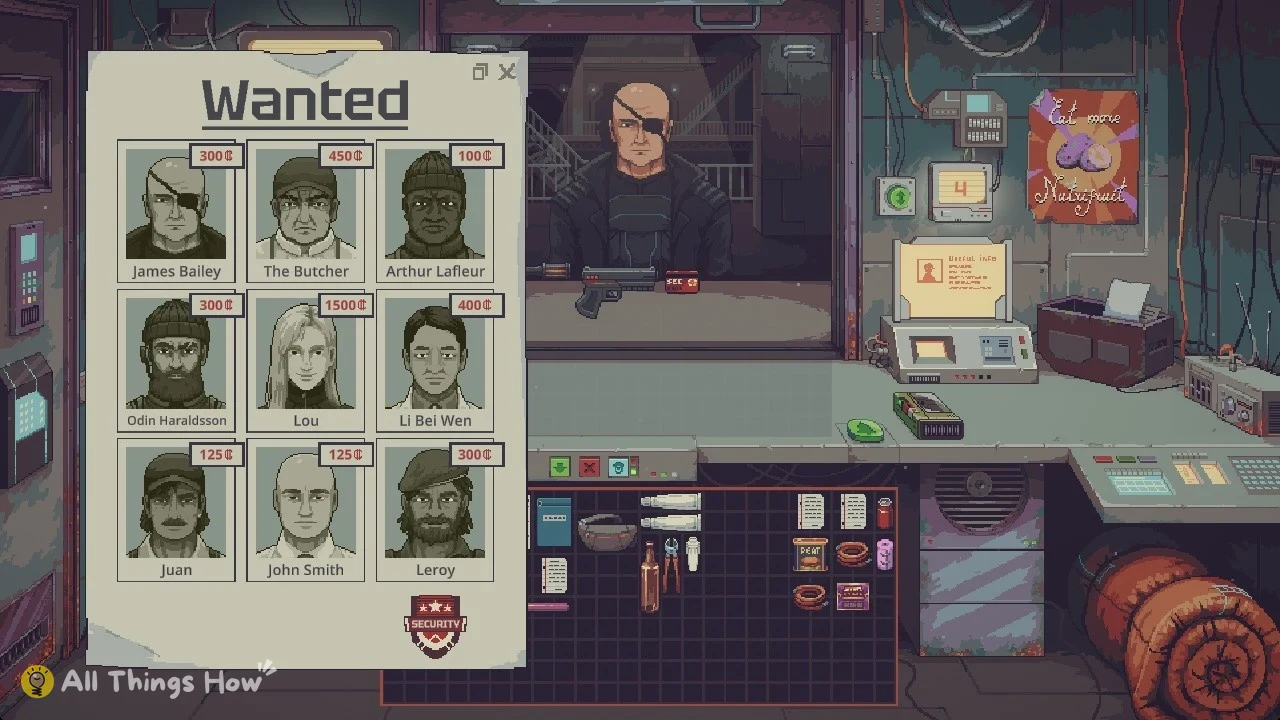 Wanted poster of nine mugshots with bounty prices beside a bald eyepatched man selling a pistol at the counter.