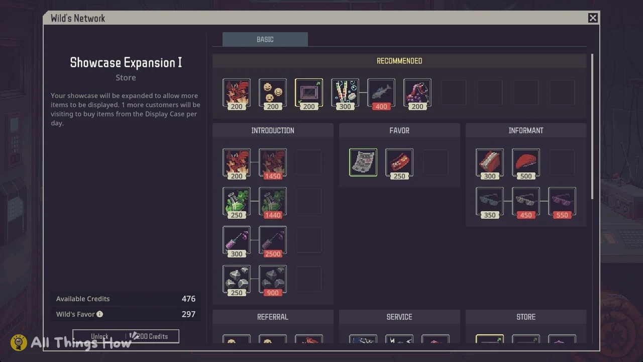Upgrade menu with grids of priced item icons under category headings, and a selected upgrade's description on the left.