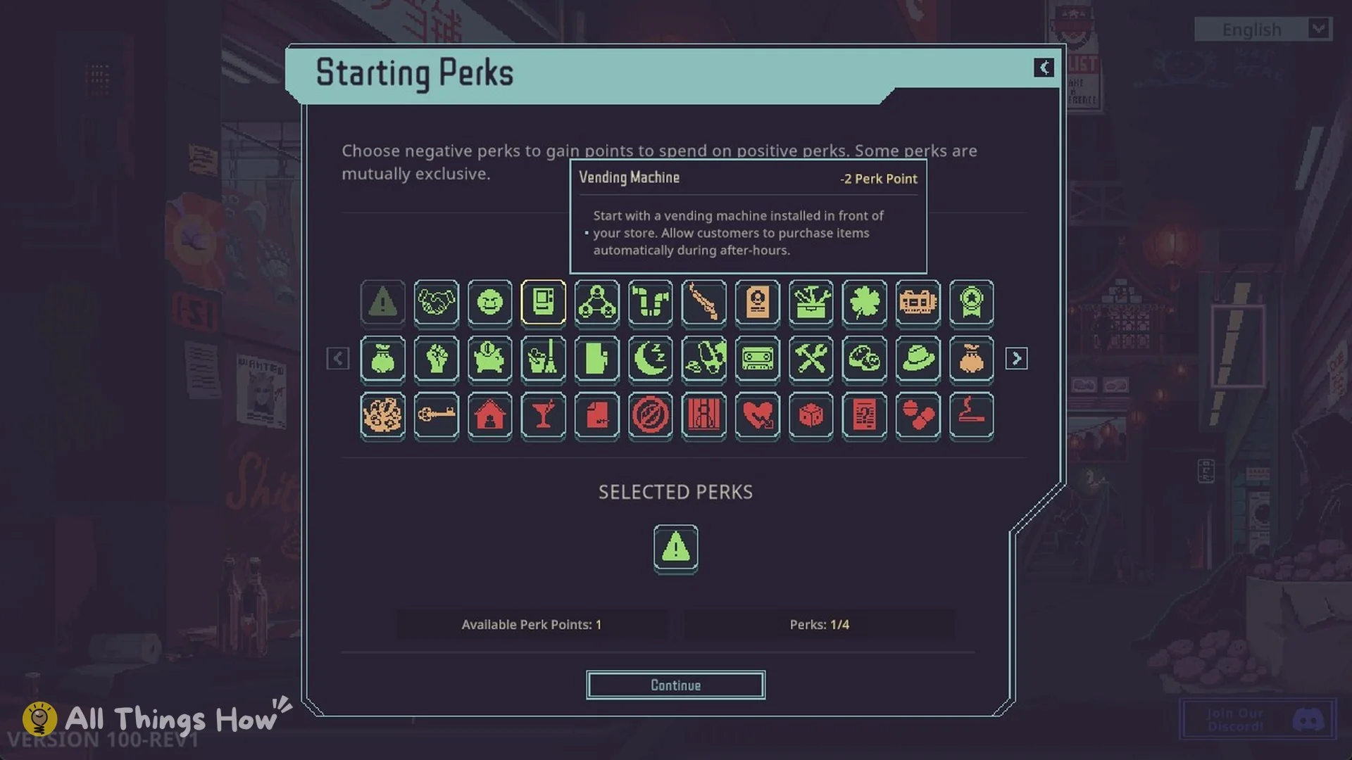 Vending Machine perk tooltip on the Probably Stolen Starting Perks screen