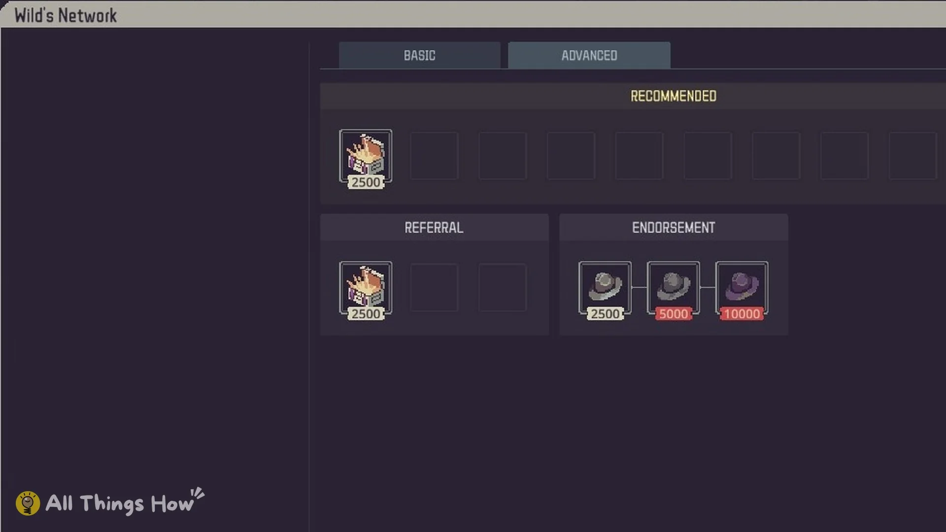 Wild's Network ADVANCED tab with Referral and Endorsement sections