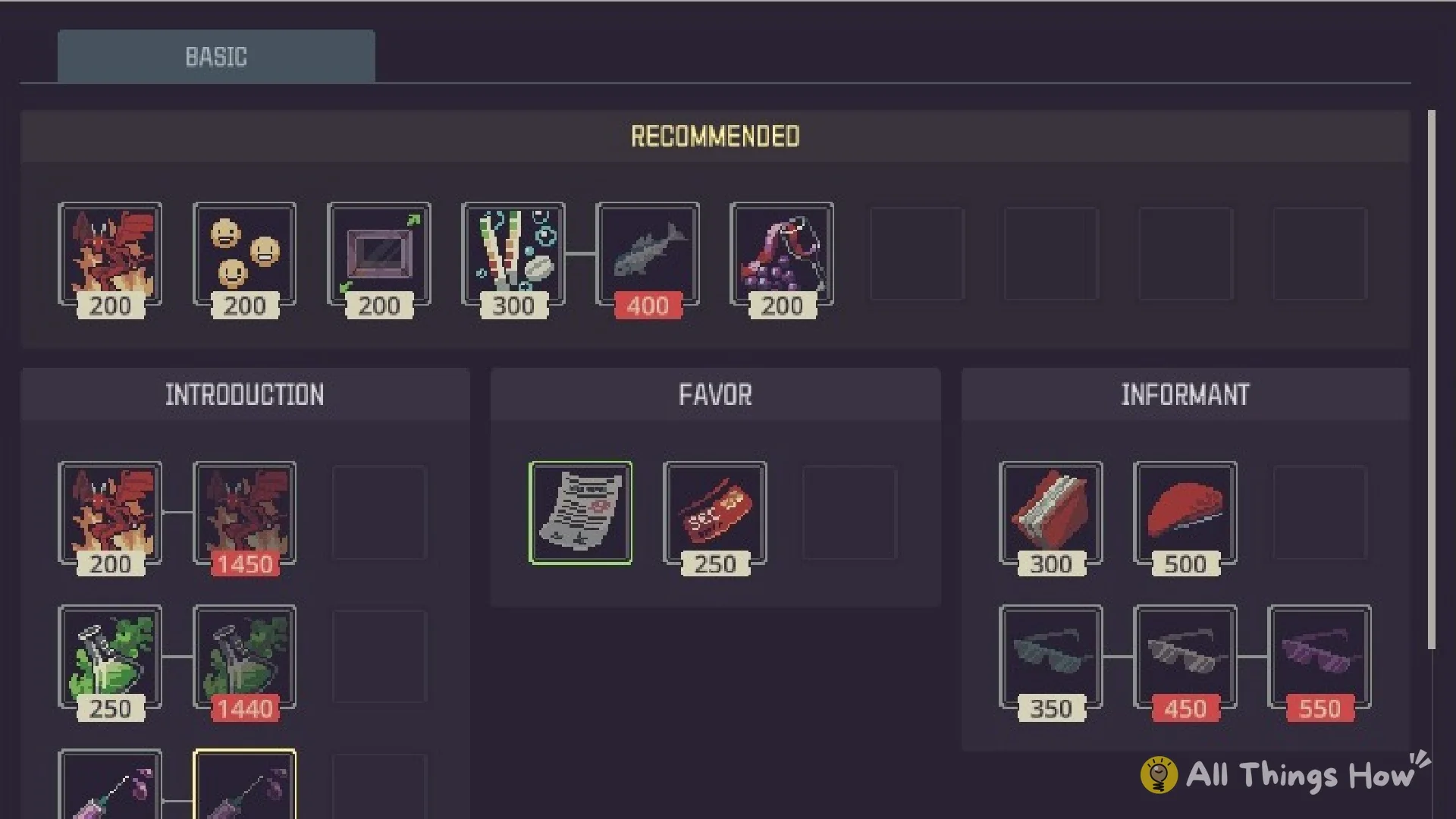 Wild's Network window with Recommended, Introduction, Favor and Informant upgrades