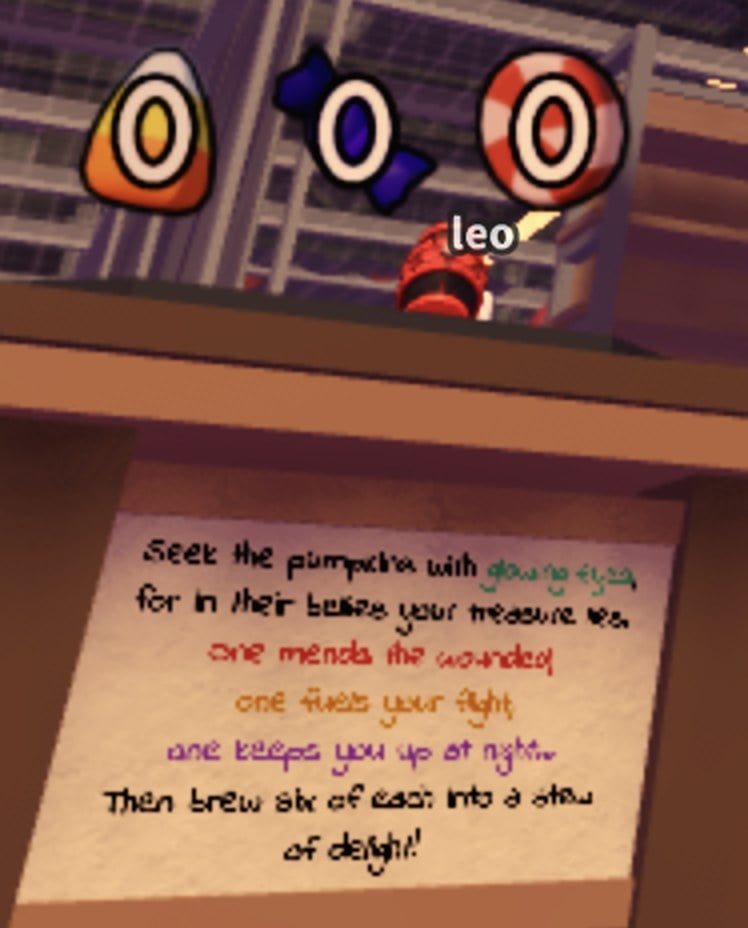 The Hollow partner-game quest riddle note shown beside a cauldron in Survive Overnight in a Mega Store