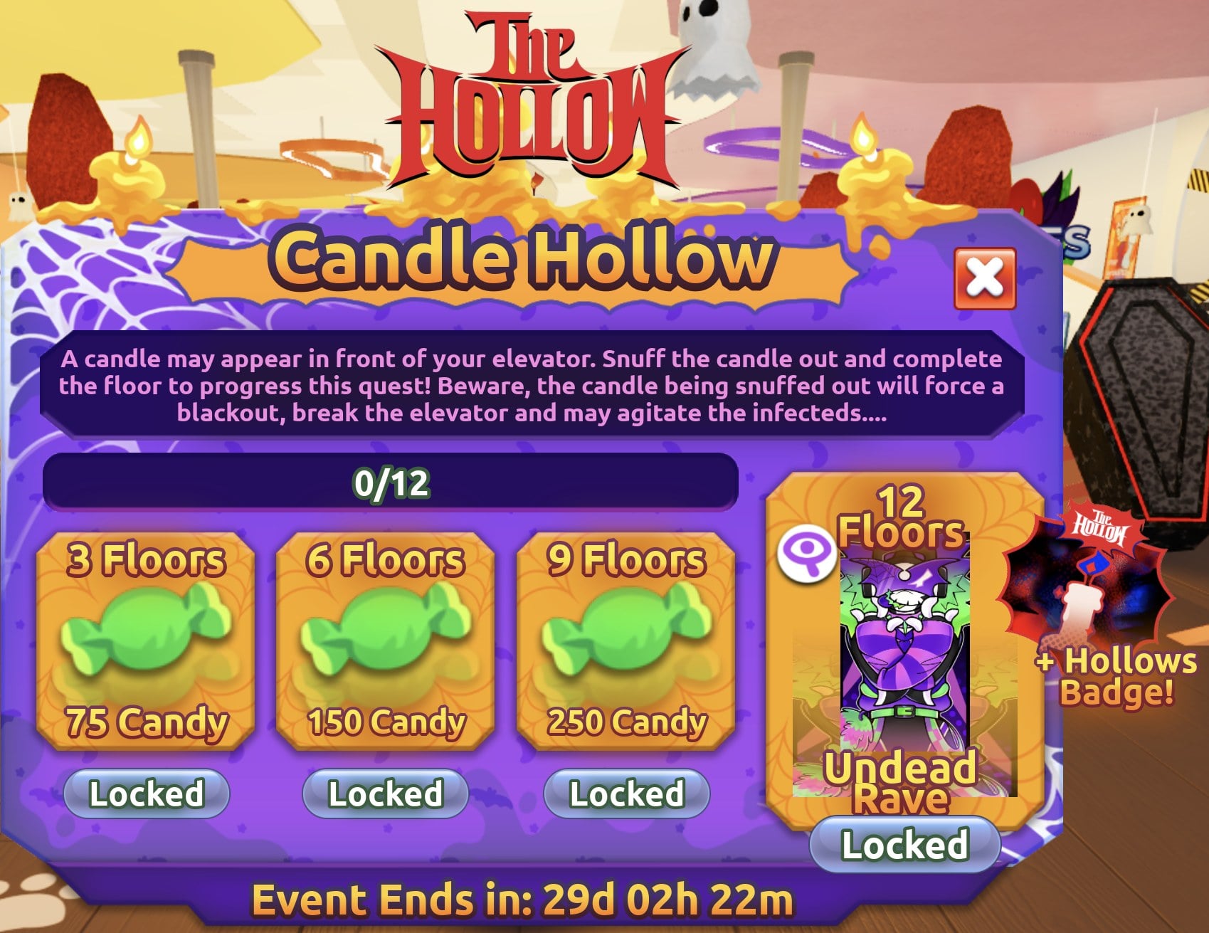 The Hollow Candle Hollow quest panel in Toons Universe showing a 0 of 12 floor progress counter