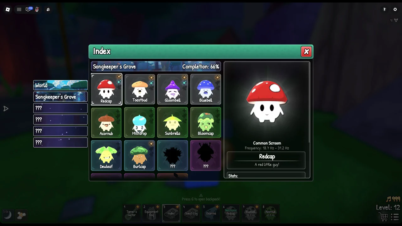 Redcap selected on the Songkeeper's Grove page of the Index, showing rarity and frequency range