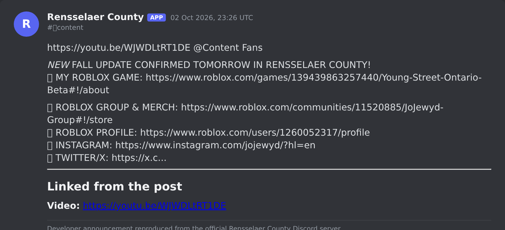 The Rensselaer County update post in the game's Discord server