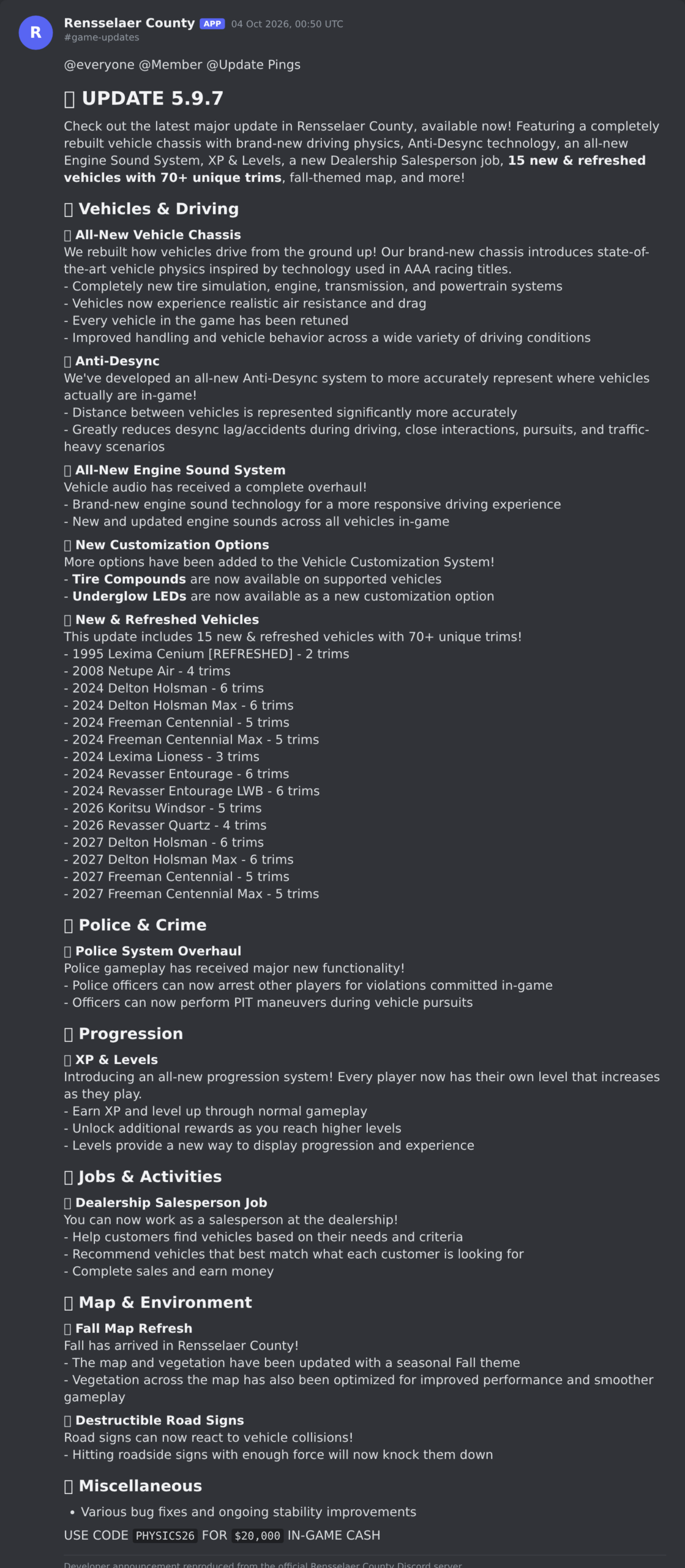 The Rensselaer County update post in the game's Discord server