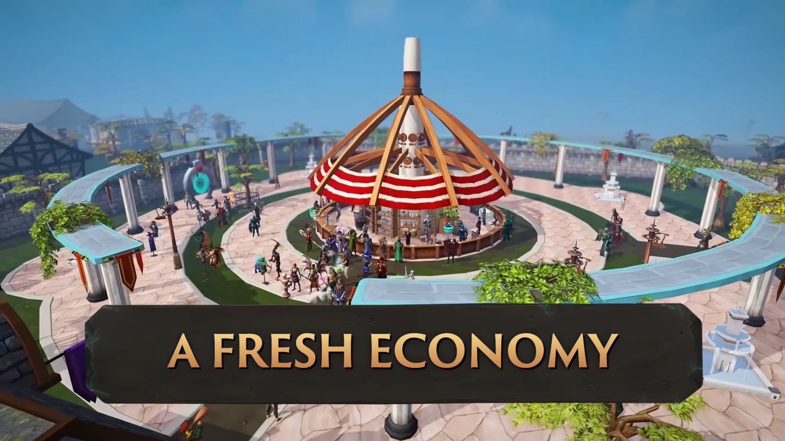 A market pavilion and trophy display inside the teaser city