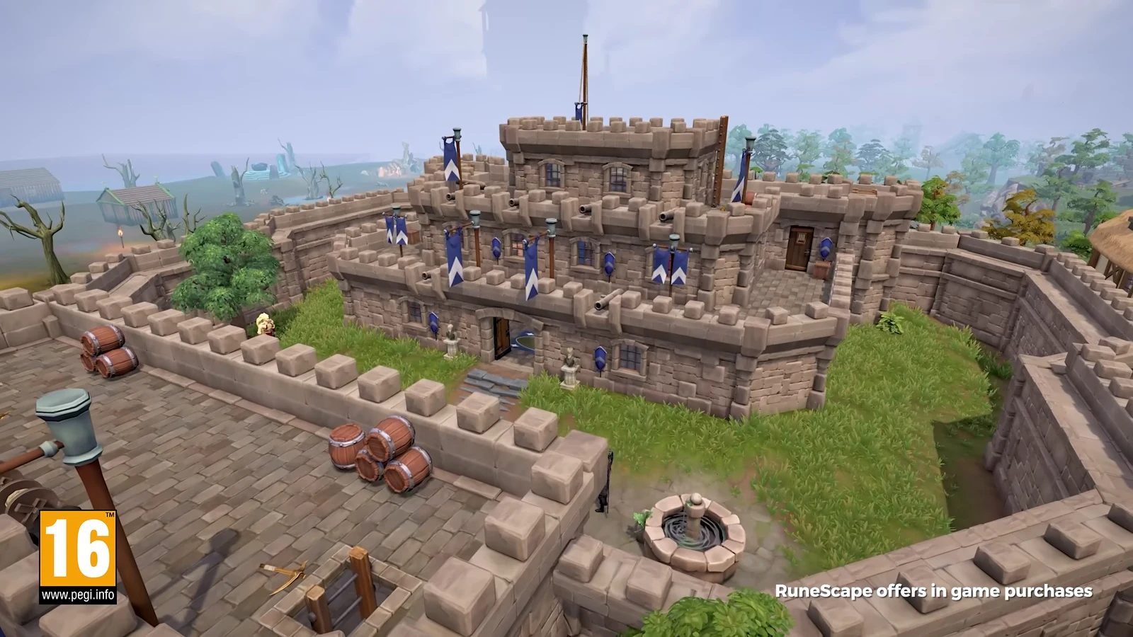 Aerial view sweeping over Lumbridge Castle and the surrounding countryside in RuneScape