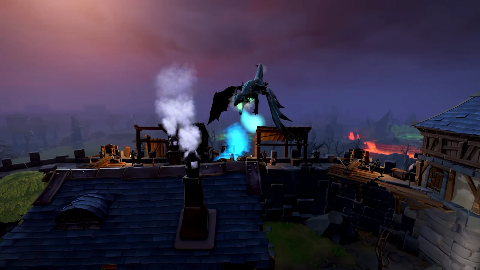 Dragon breathing blue fire over rooftops and a player woodcutting glowing blue trees