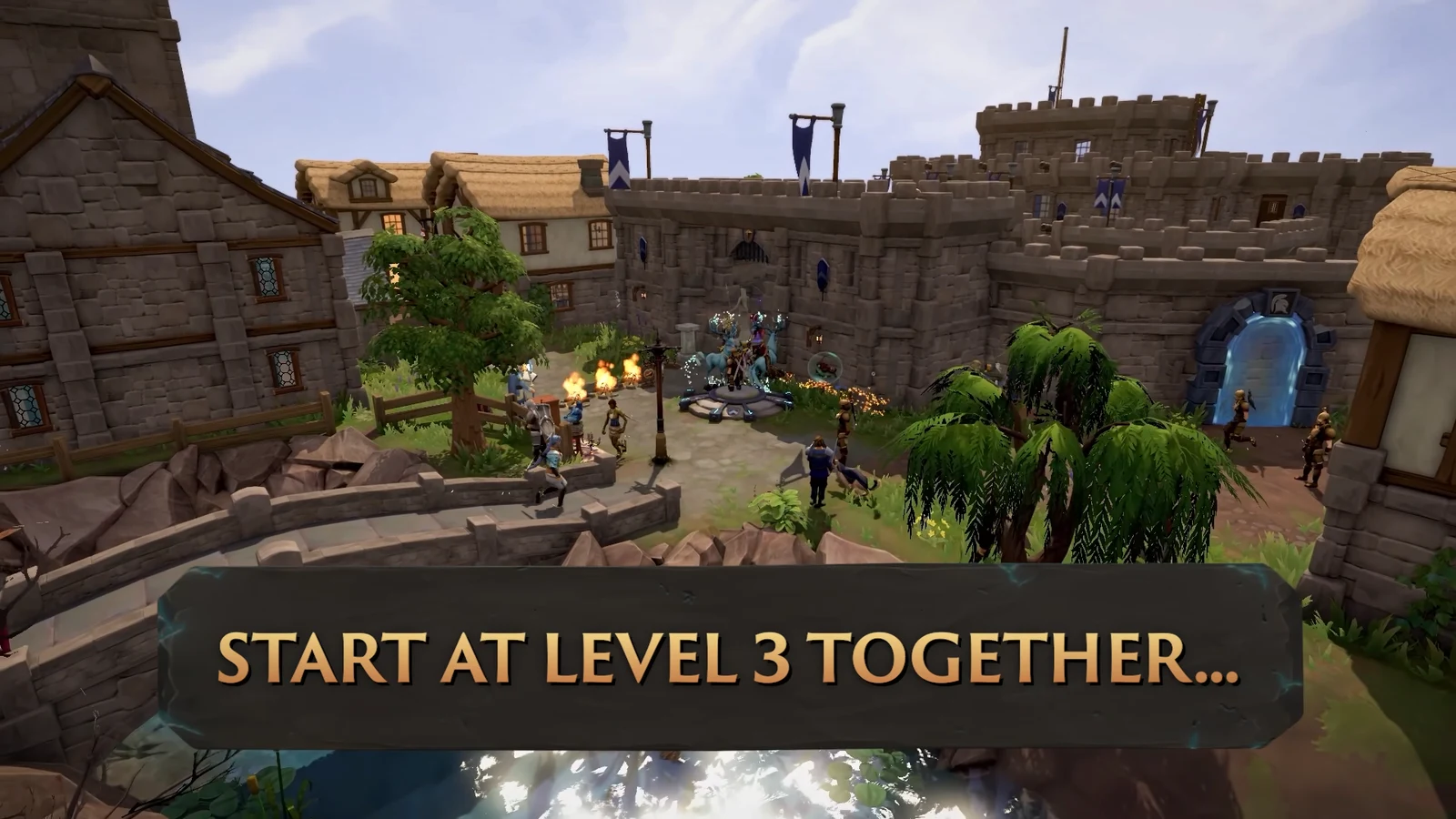 Characters stand in default gear beneath banner text reading START AT LEVEL 3 TOGETHER. before showing crowds in town