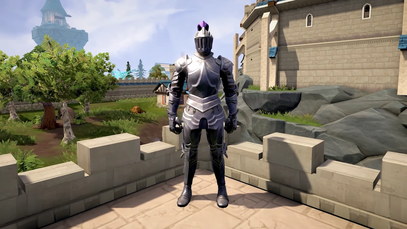 Knight in full plate armor displayed under the caption IN A NEW, RESTORED WORLD