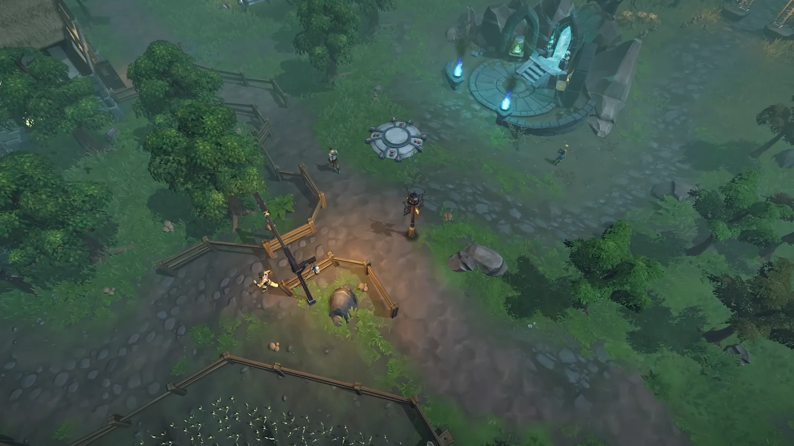 Player character beside a fenced animal pen near a circular platform and glowing portal in a village