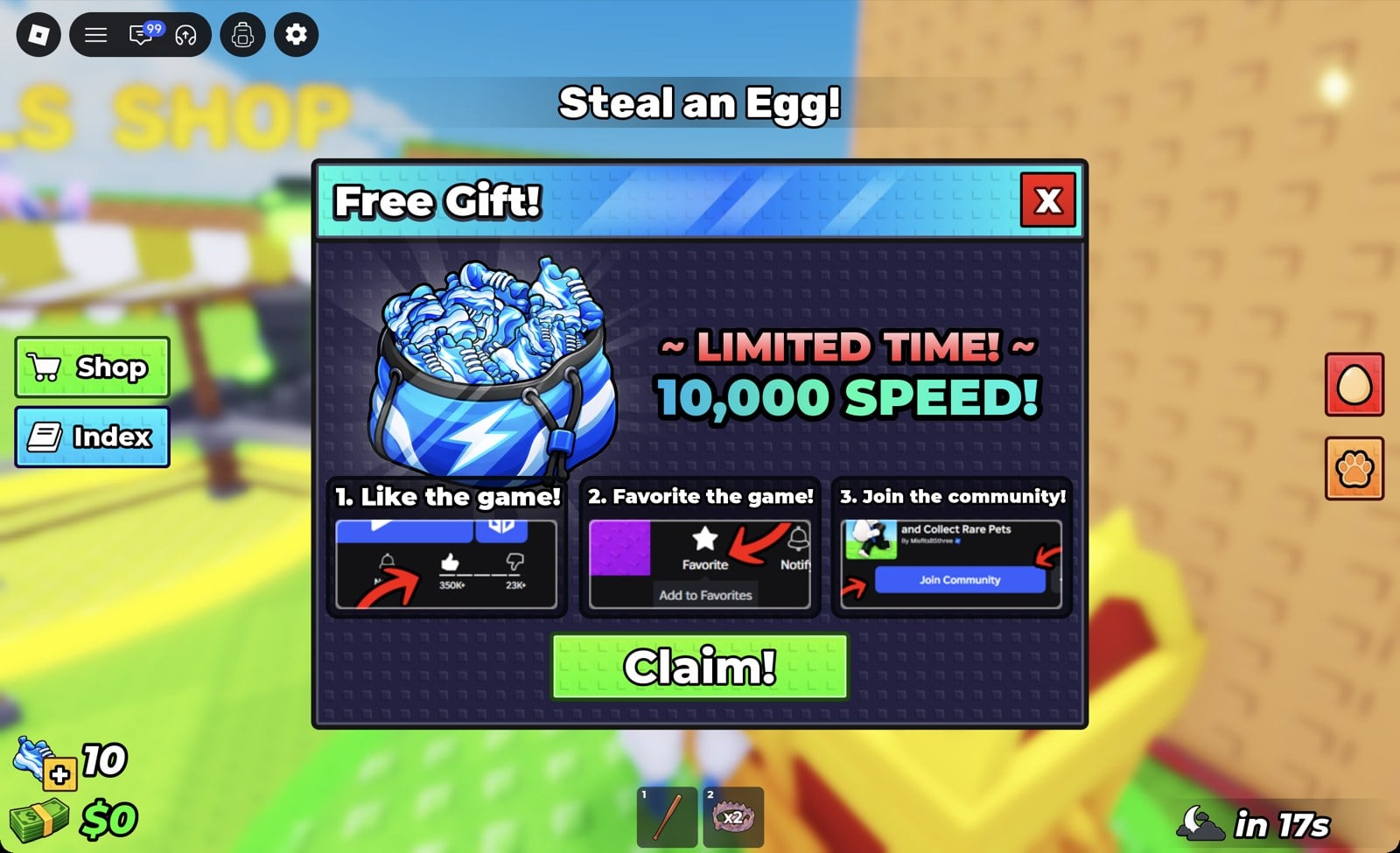 Free Gift! panel offering 10,000 SPEED for liking, favouriting and joining the community, with a Claim! button