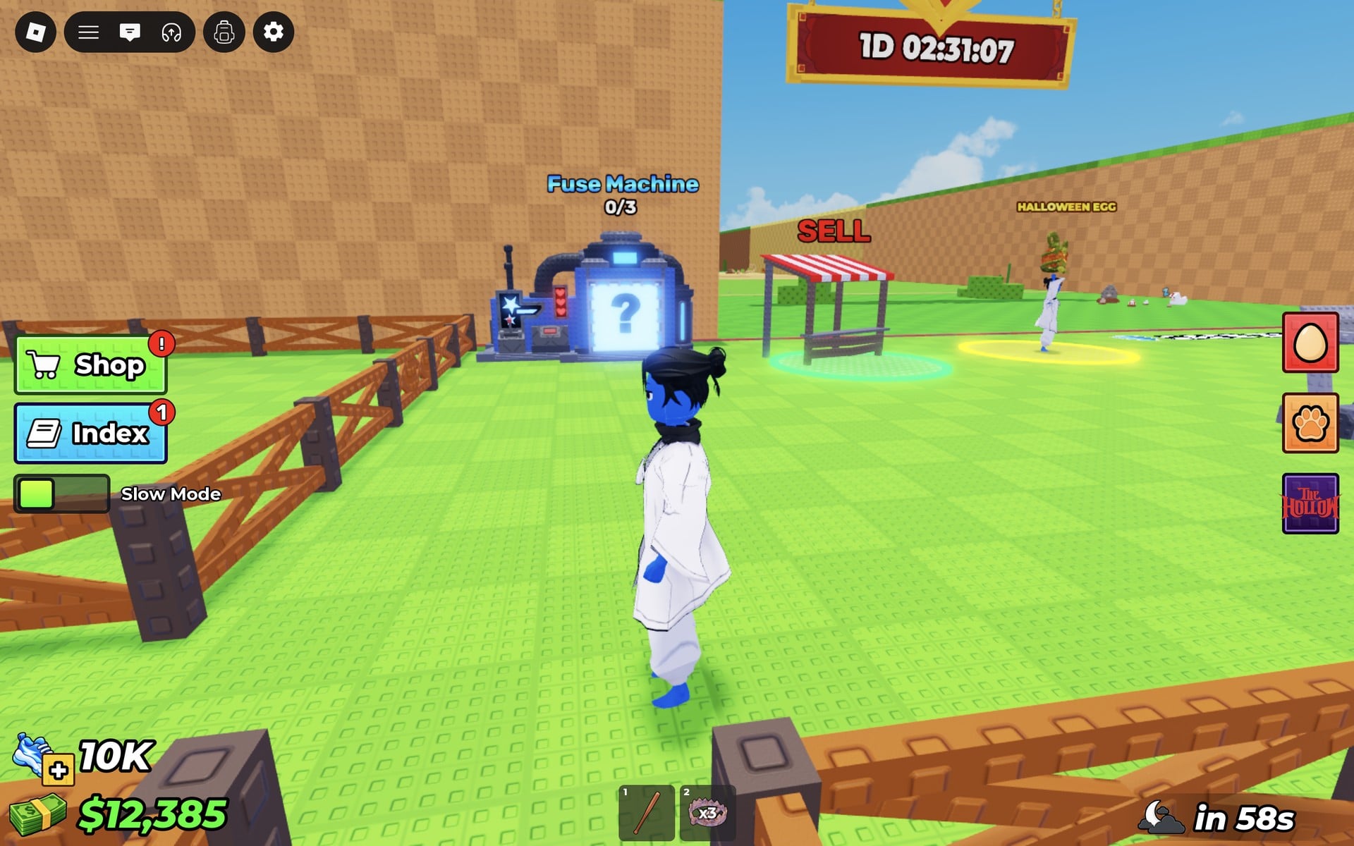 Red hanging countdown sign reading 1D 02:31:07 above the Fuse Machine, SELL stand and HALLOWEEN EGG in Steal An Egg