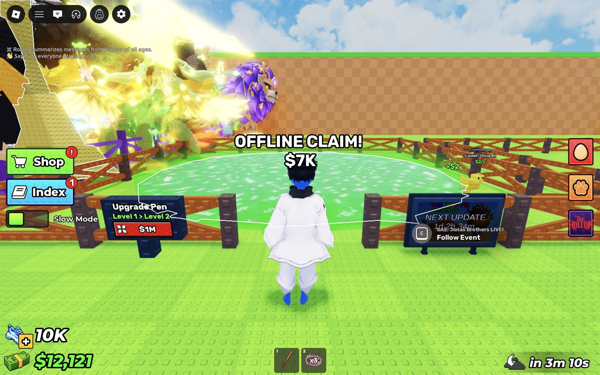 Steal An Egg pen with the NEXT UPDATE board and the prompt E SAE: Jonas Brothers LIVE! Follow Event