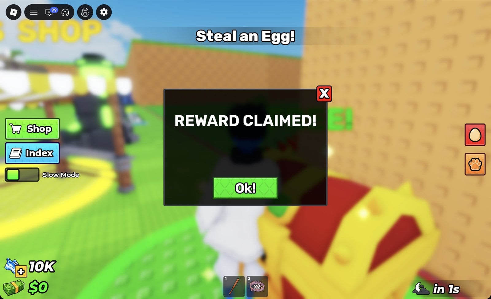 REWARD CLAIMED! message with the speed counter at the bottom left now reading 10K