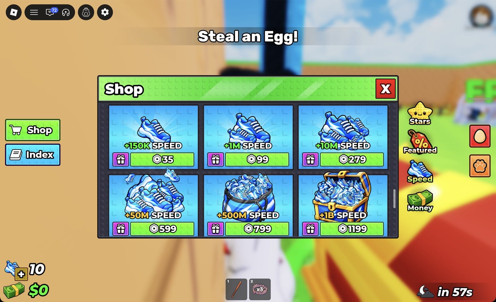 Steal An Egg Shop speed packs: +150K, +1M, +10M, +50M, +500M and +1B SPEED with their Robux prices