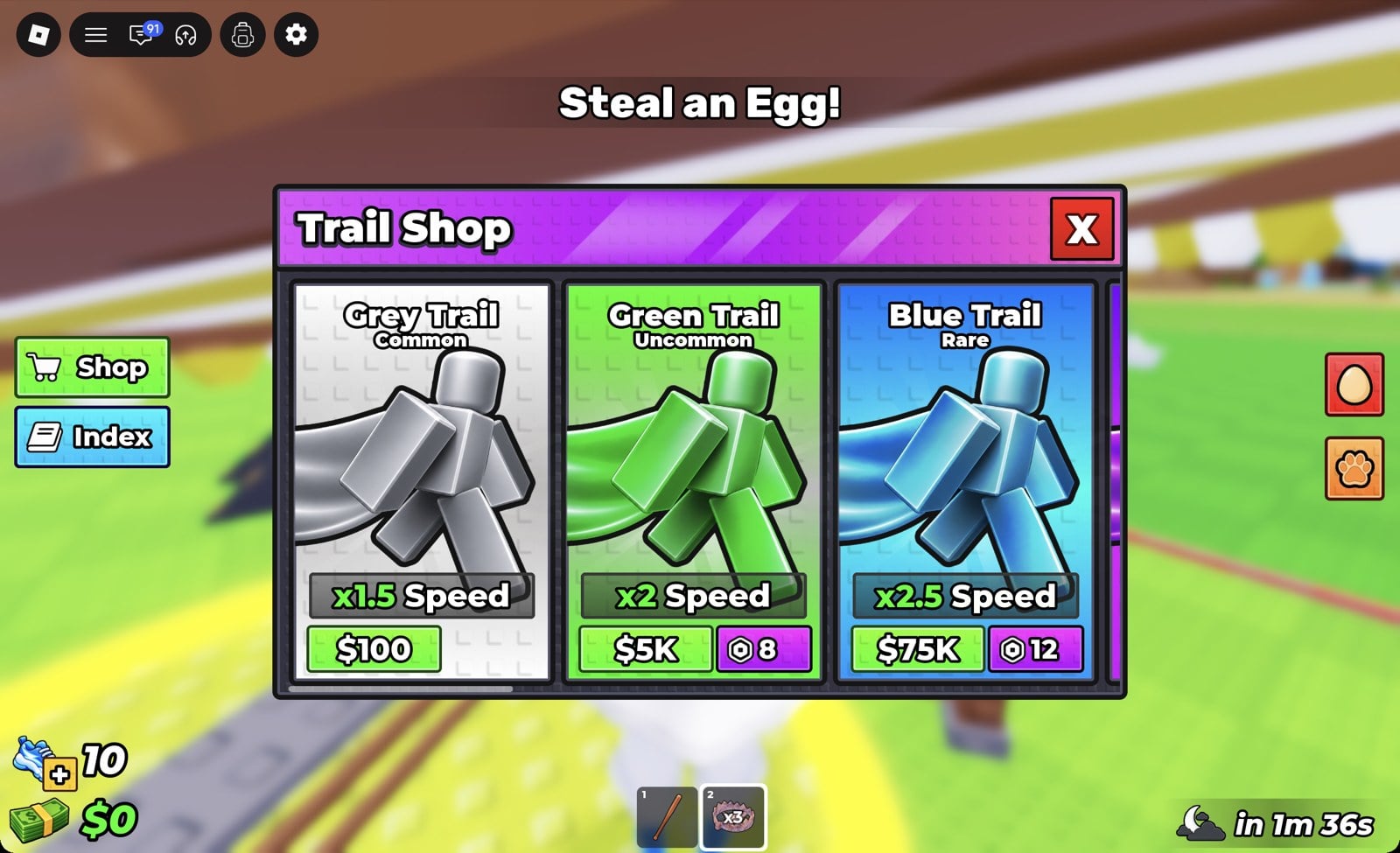 Trail Shop panel with Grey Trail x1.5 Speed $100, Green Trail x2 Speed $5K or 8 Robux and Blue Trail x2.5 Speed $75K or 12 Robux