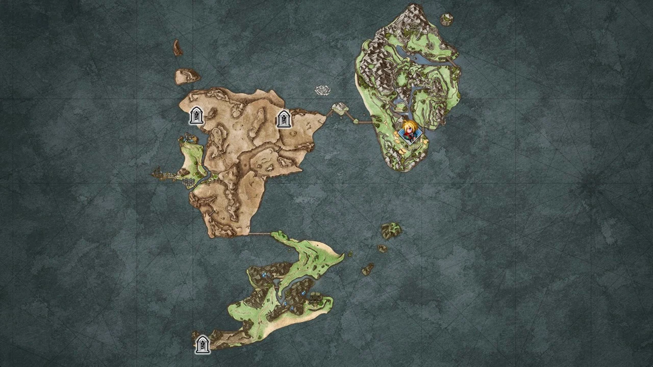 World map with three sanctum icons on the western continent after Charlotte marks them in Final Fantasy Resonance