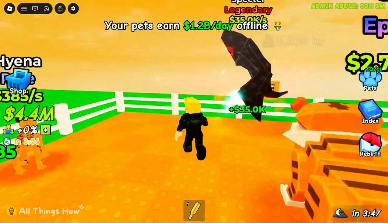 Pets attacking a Legendary Specter in an orange arena, earning $35.0K