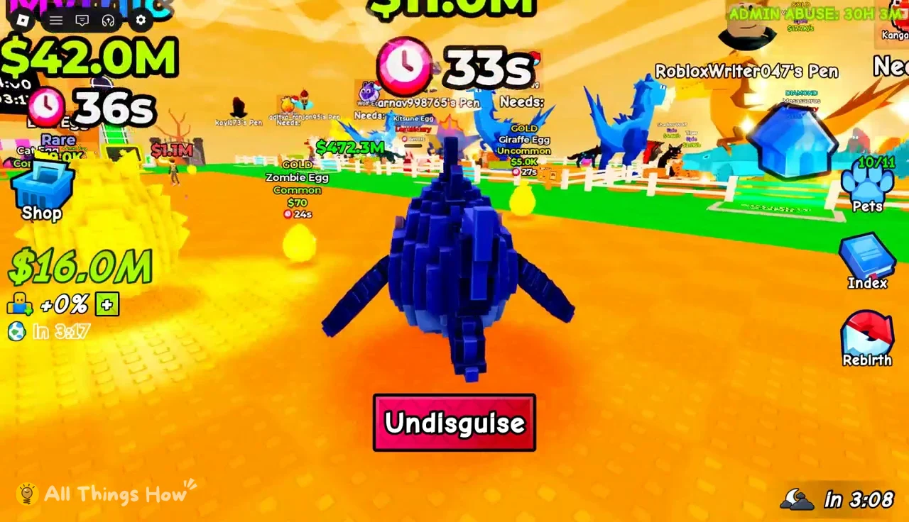 Avatar disguised as a blue egg creature with the red Undisguise button