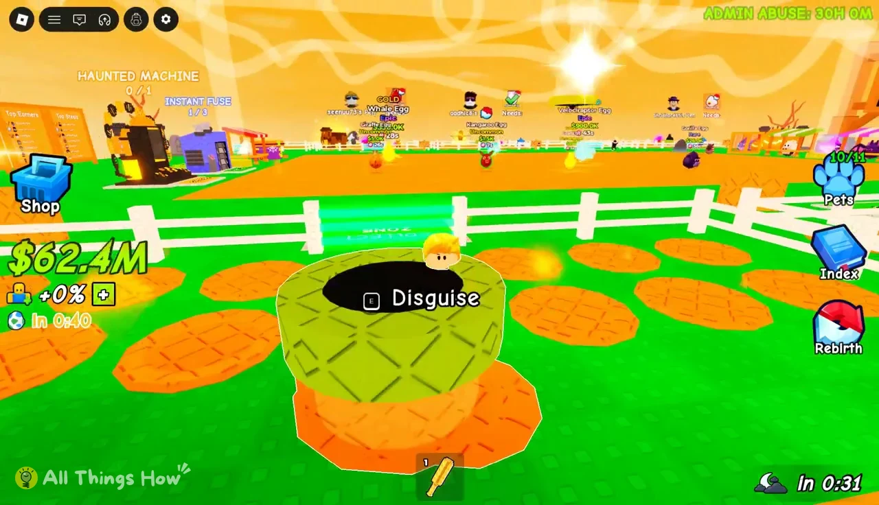 E Disguise prompt floating over a green pad at the disguise station
