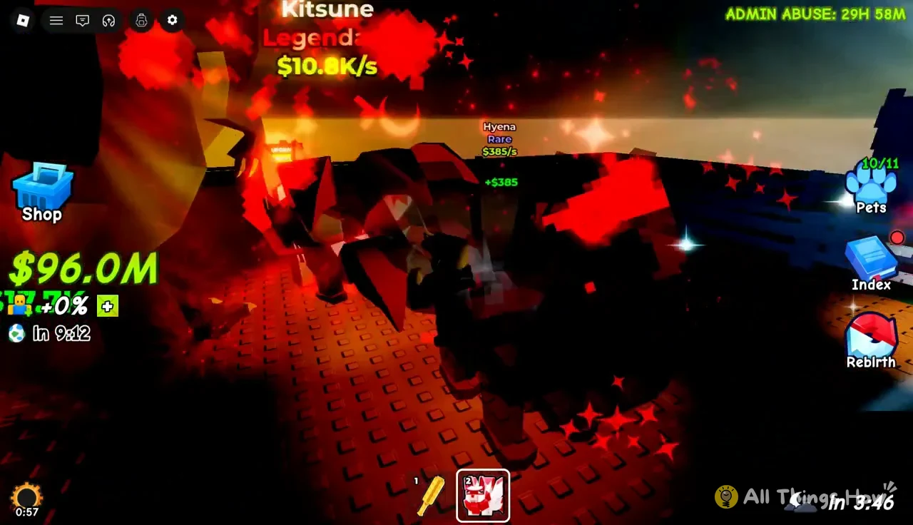 The gameplay screen shows pets attacking nearby targets, with a Rare Hyena earning +$385 and the Pets counter at 10/11