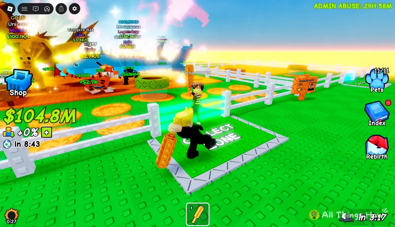 Avatar holding an orange bat on a green GET ONE! pad, bat selected in the hotbar