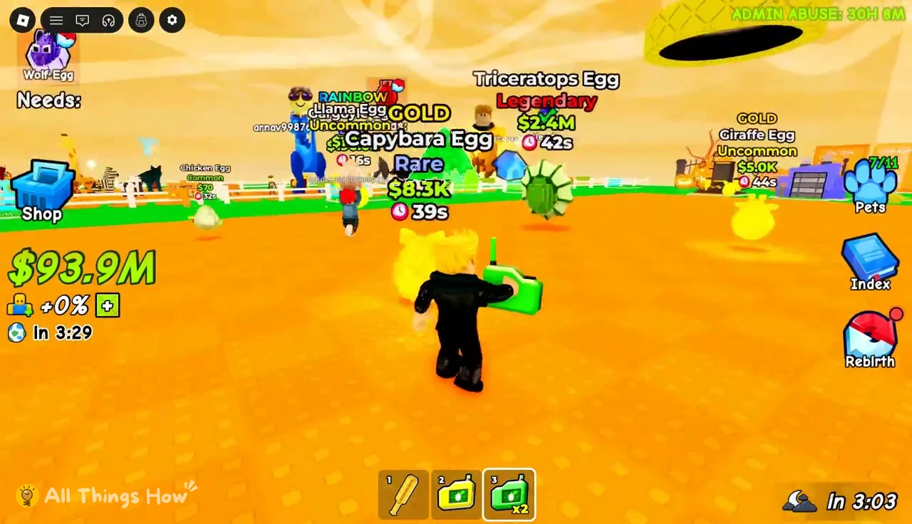 Avatar crossing the egg arena past eggs with name and price tags overhead