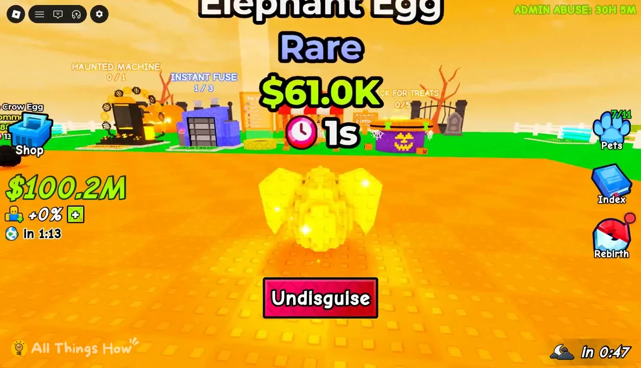 Player disguised as a Rare Elephant Egg with the Undisguise button on screen