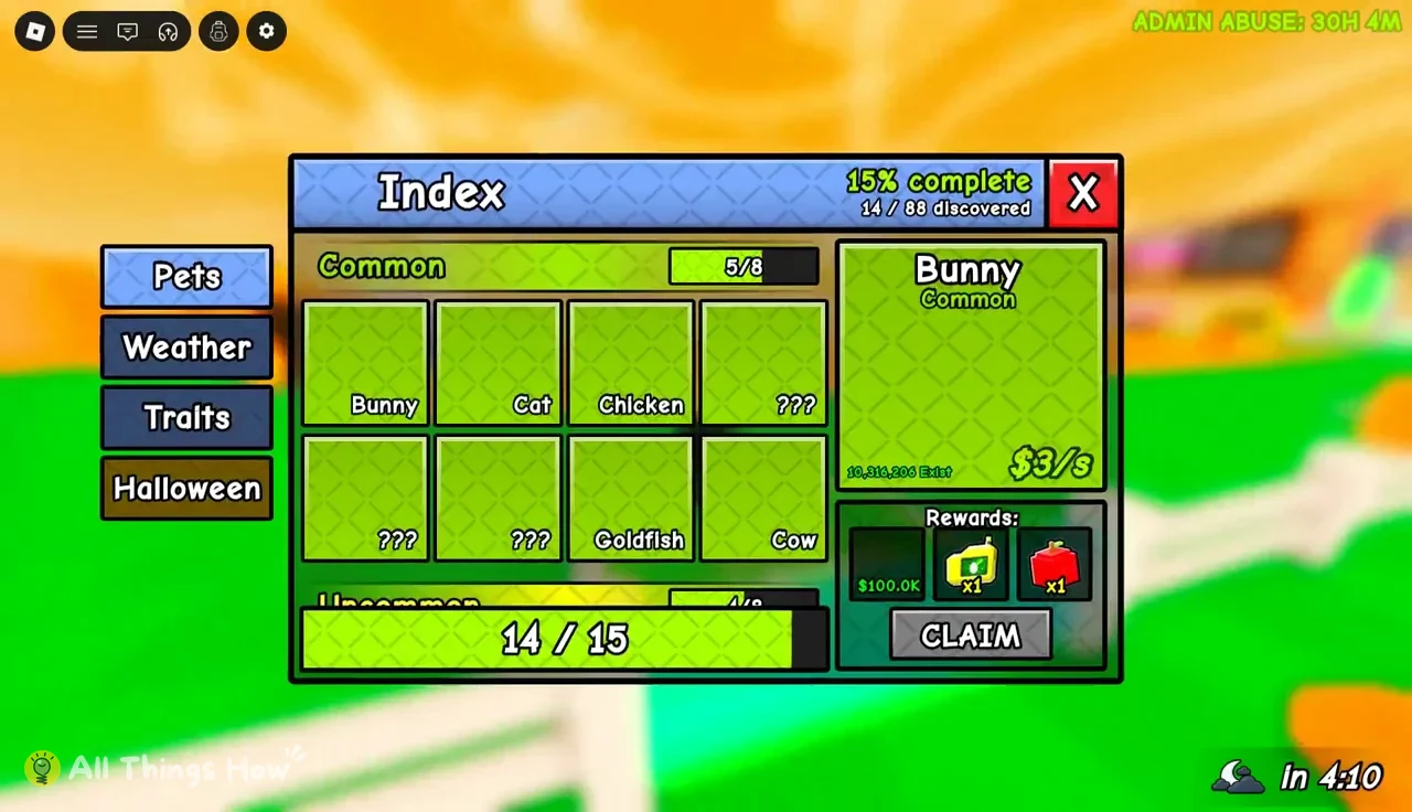 Index Pets tab with the Common Bunny entry selected and a Claim button