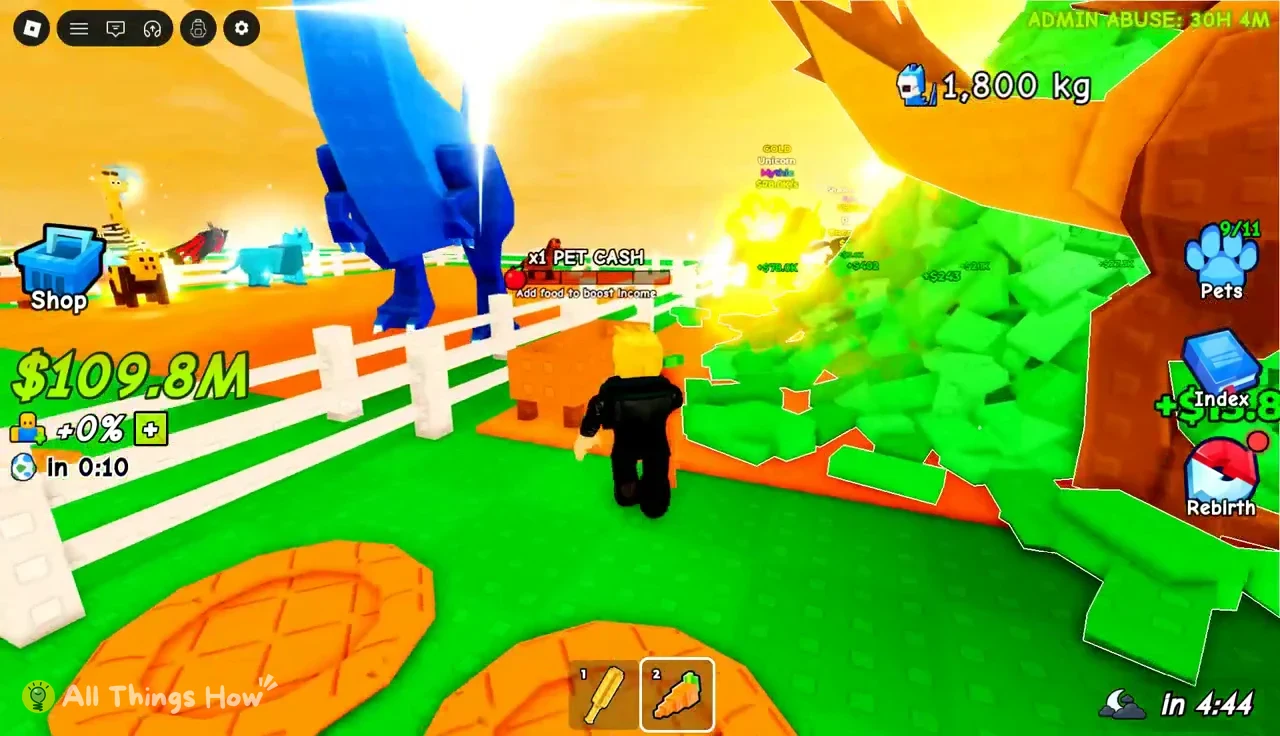 Carrot selected in hotbar slot 2 as the avatar walks to the Pet Cash feeder
