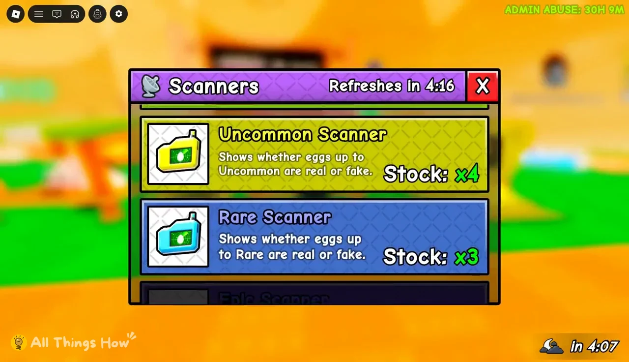 Scanners menu listing the Uncommon Scanner and Rare Scanner with stock counts