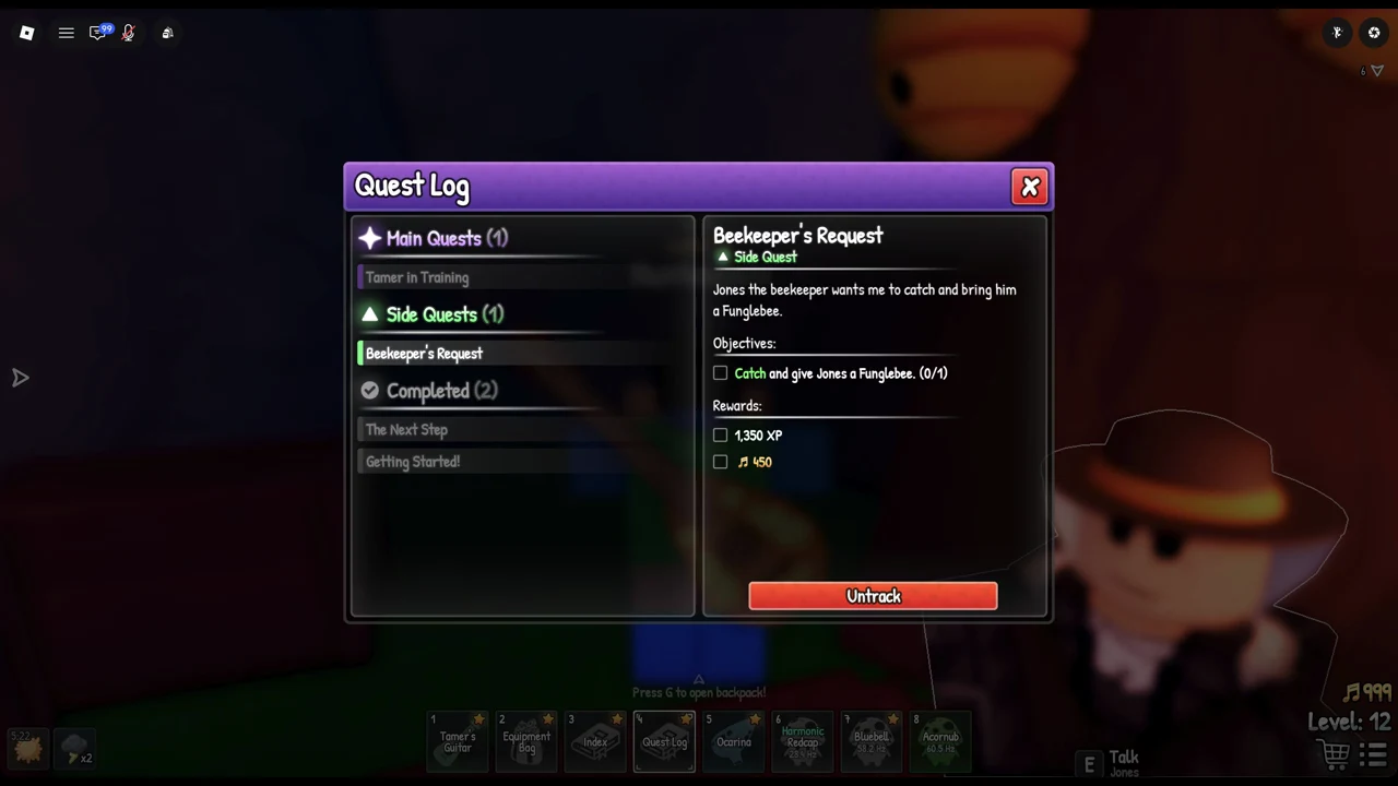 The Quest Log open on Beekeeper's Request with its objective and reward values.