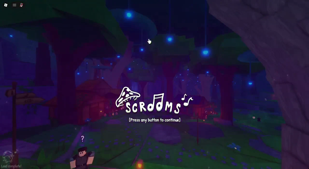 SCROOMS title screen on a purple background asking the player to press any button to continue