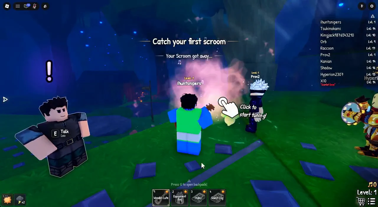 Click to start tuning prompt beside pink smoke near a scroom during the catch objective