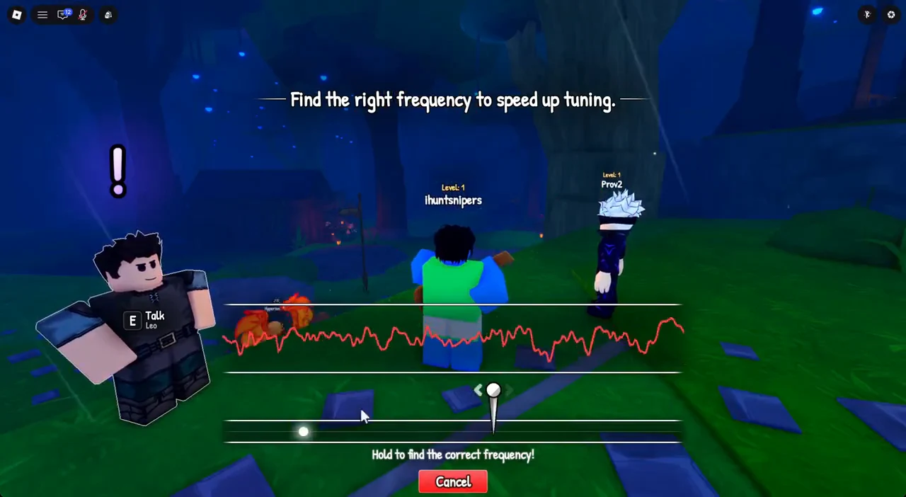 Tuning minigame showing a red waveform and a frequency slider with a hold prompt