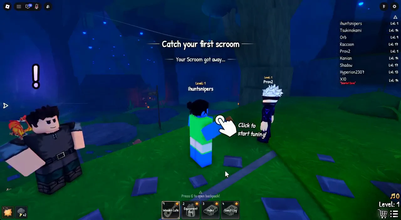 Hand cue prompting the player to click and start tuning the nearby scroom