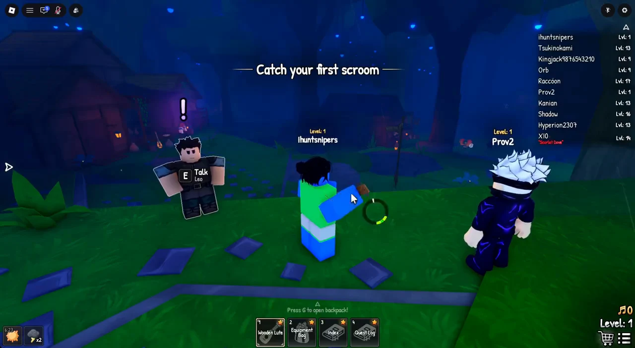 Player approaching NPC Leo in Songkeeper's Grove with the E Talk prompt and catch objective showing